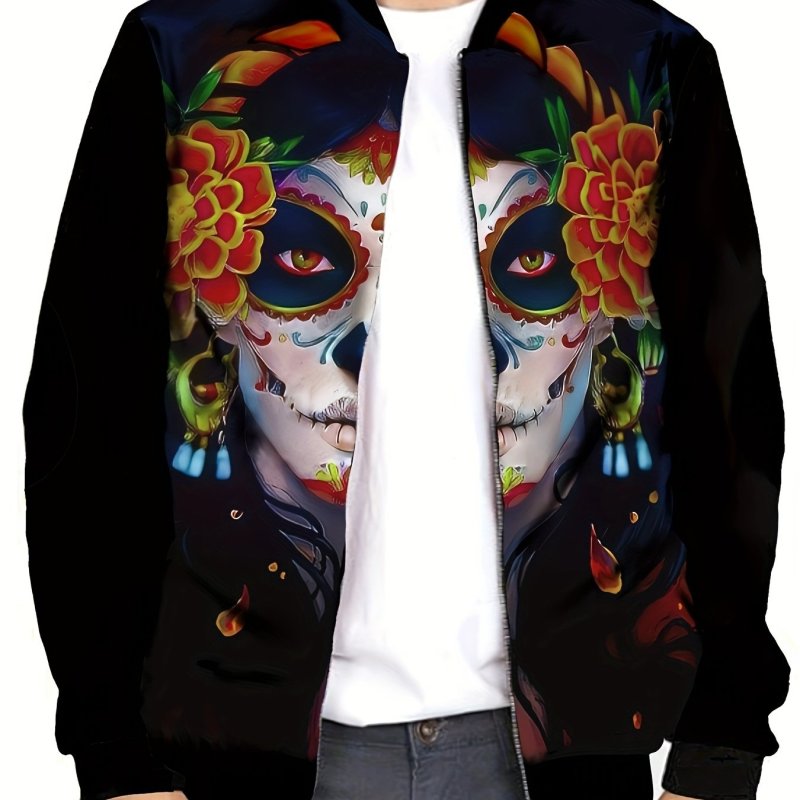 Men's Skull Print Bomber Jacket, Casual Zip-up Jacket