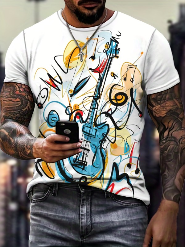 Stylish Guitar Pattern Print Men's Comfy T-shirt - Summer Graphic Tee