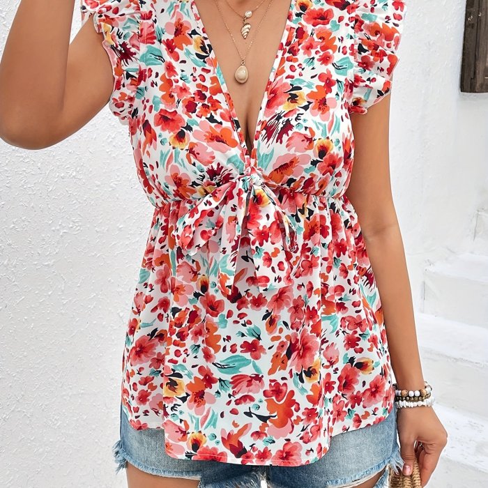 Floral Print Tie Plunge Neck Blouse, Vacation Ruffle Trim Sleeveless Blouse For Spring & Summer, Women's Clothing