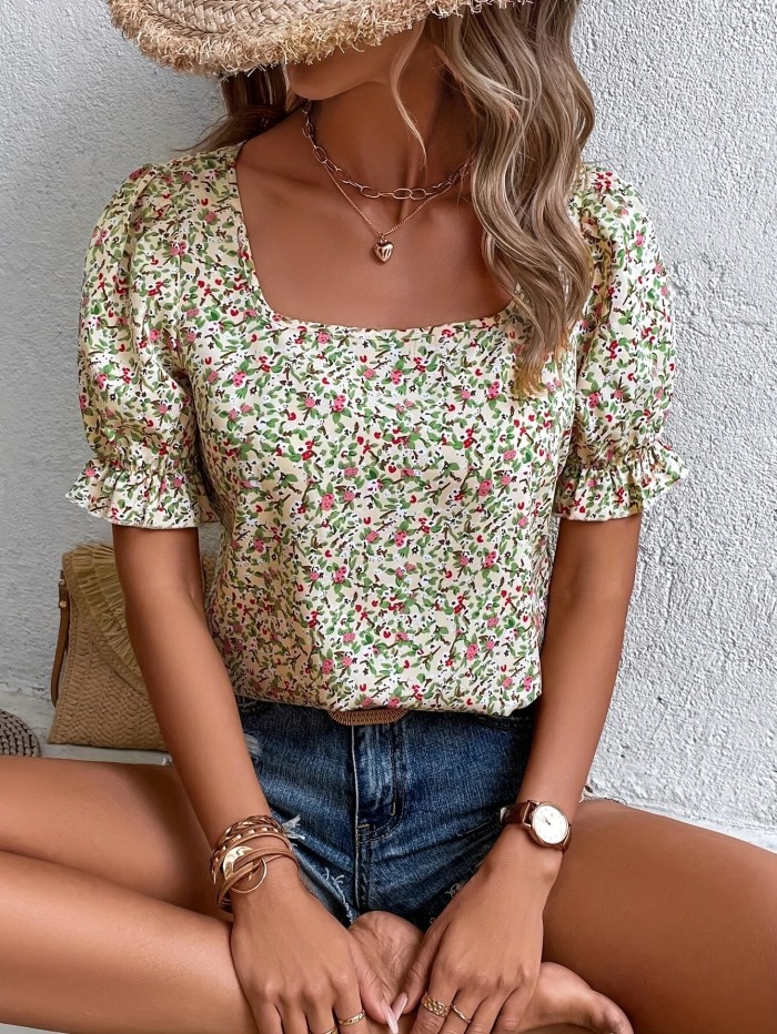 Ditsy Floral Print Blouse, Casual Squared Neck Puff Sleeve Blouse, Women's Clothing