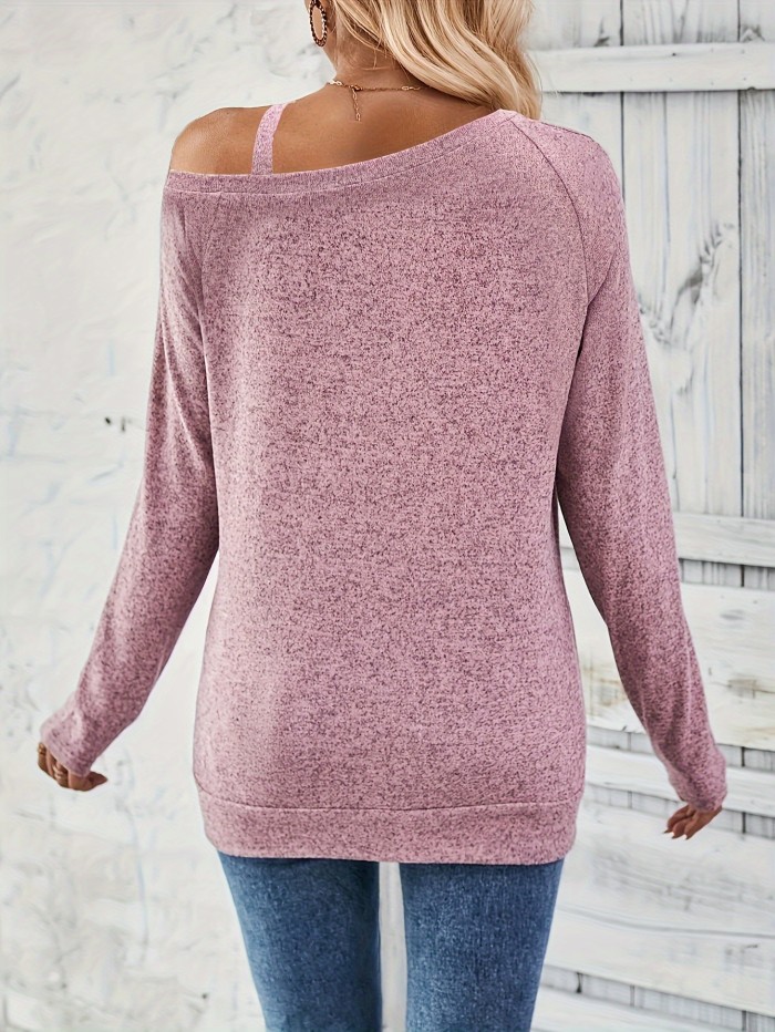 Asymmetrical Neck Side Button T-shirt, Elegant Long Sleeve Cold Shoulder T-shirt For Spring & Fall, Women's Clothing