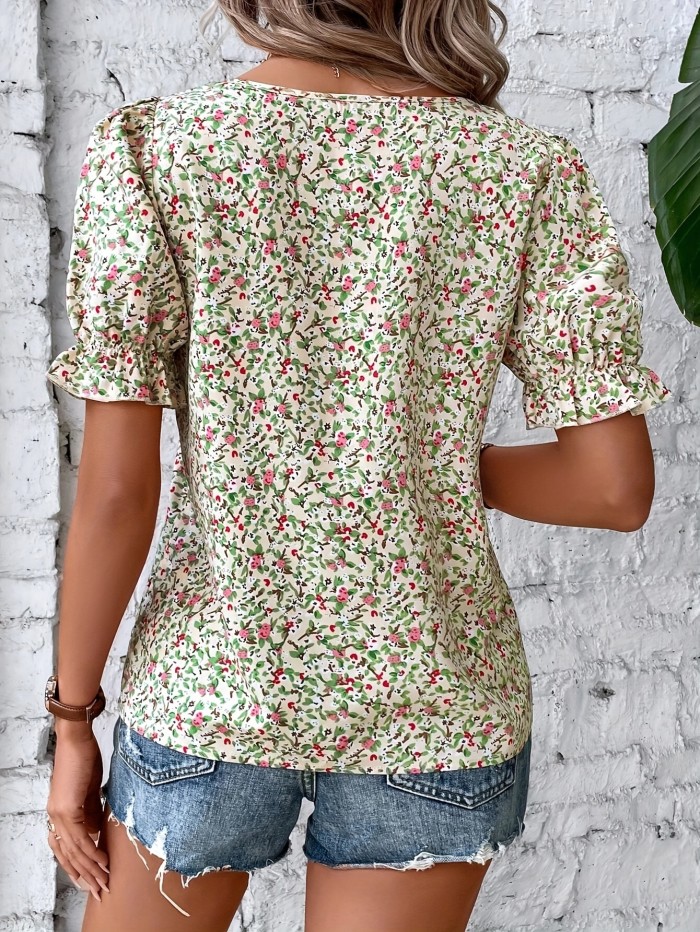 Ditsy Floral Print Blouse, Casual Squared Neck Puff Sleeve Blouse, Women's Clothing