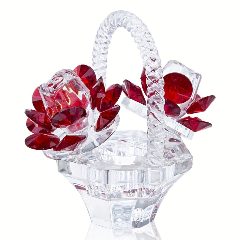 1pc Crystal Red Rose Flower Basket, Crystal Collectible Figurines Ornaments For Home Decor