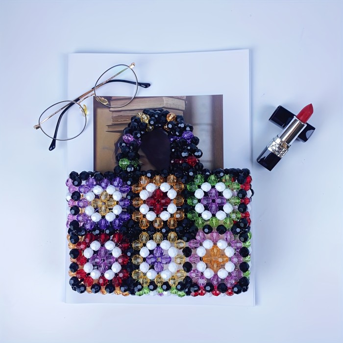 Colorful Beaded Square Shoulder Bag - Stylish Ethnic Top Handle Bag for Women