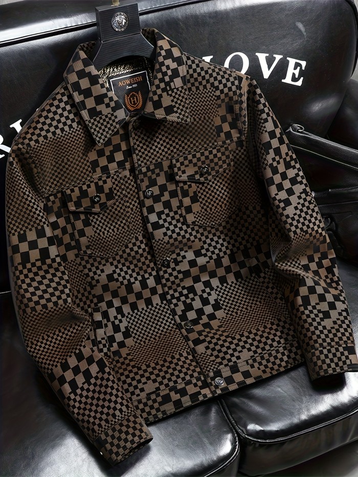 Men's Casual Checkerboard Pattern PU Leather Button Up Lapel Jacket - Stylish and Durable Coat for Everyday Wear