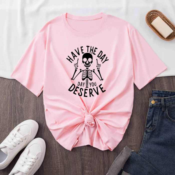 Skull Print Crew Neck T-shirt, Short Sleeve Casual Top For Summer & Spring, Women's Clothing