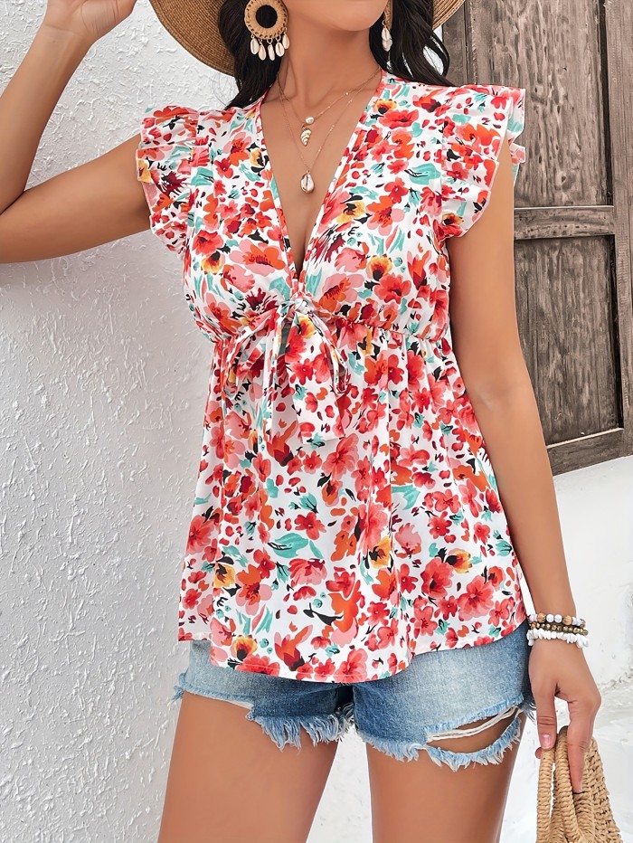 Floral Print Tie Plunge Neck Blouse, Vacation Ruffle Trim Sleeveless Blouse For Spring & Summer, Women's Clothing
