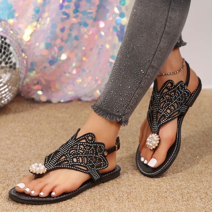 Women's Rhinestone Decor Flat Sandals, Casual Hollow Out Design Summer Shoes, Lightweight Buckle Strap Sandals