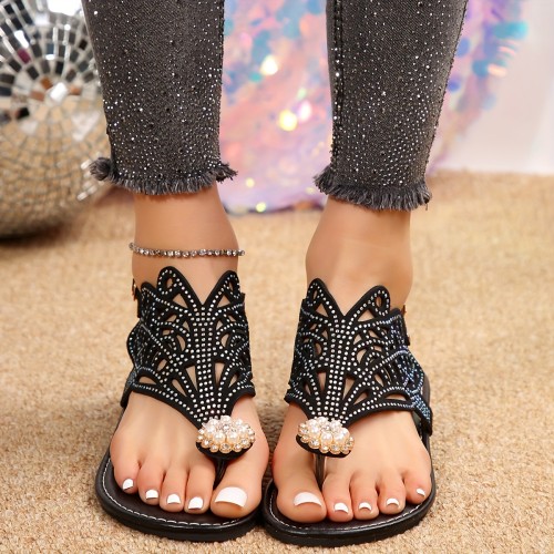 Women's Rhinestone Decor Flat Sandals, Casual Hollow Out Design Summer Shoes, Lightweight Buckle Strap Sandals