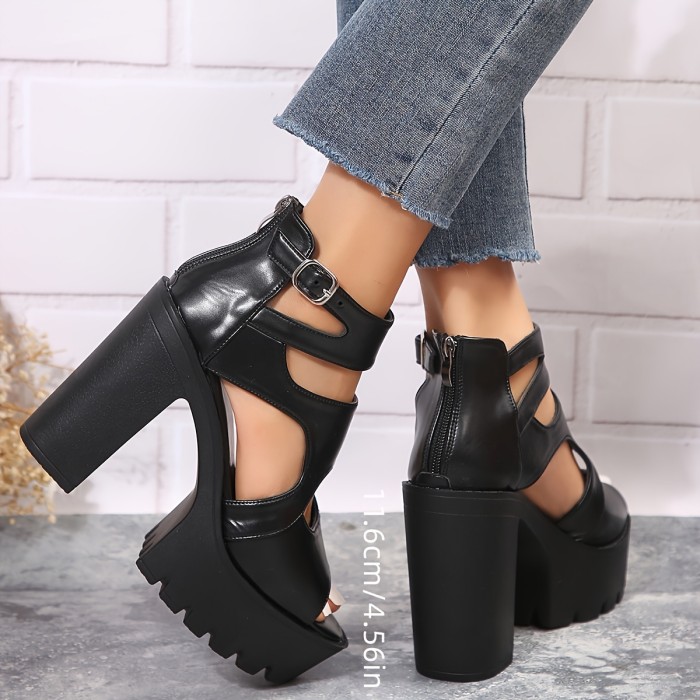 Women's Block High Heeled Sandals, Solid Color Peep Toe Buckle Strap Heels, All-Match Back Zipper Platform Sandals