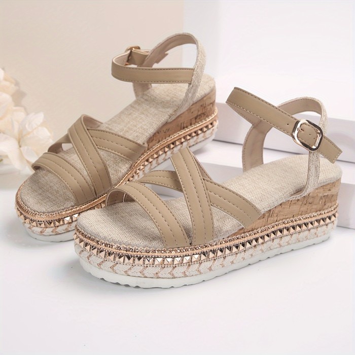 Women's Ankle Strap Platform Sandals, Studded Sole Open Toe Wedge Shoes, All-Match Outdoor Vacation Summer Shoes