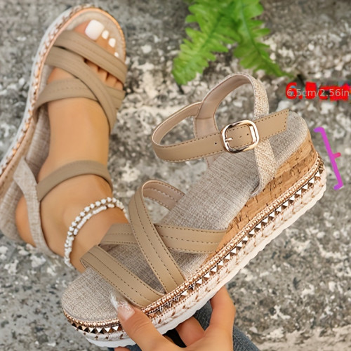 Women's Ankle Strap Platform Sandals, Studded Sole Open Toe Wedge Shoes, All-Match Outdoor Vacation Summer Shoes