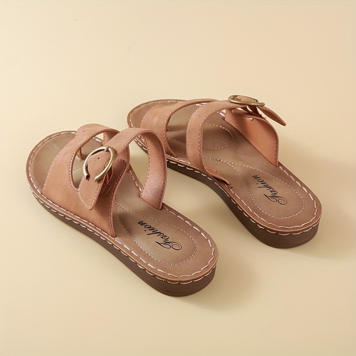 Women's Toe Loop Flat Slides, Buckle Strap Summer Open Toe Shoes, Casual Indoor & Outdoor Slides