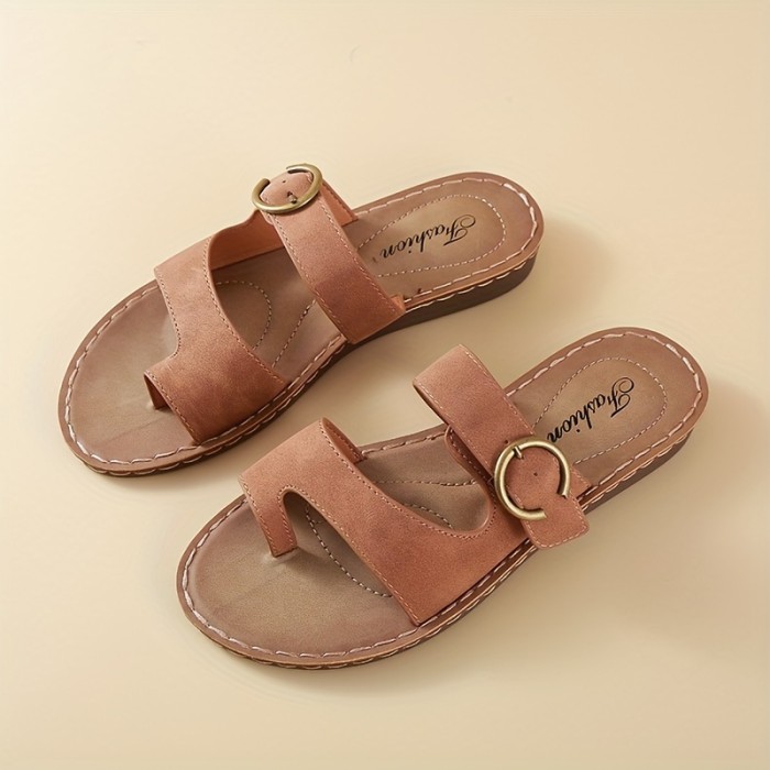 Women's Toe Loop Flat Slides, Buckle Strap Summer Open Toe Shoes, Casual Indoor & Outdoor Slides