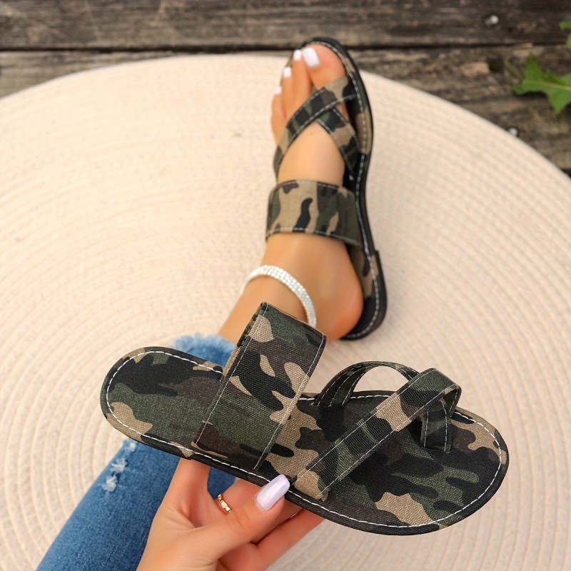 Women's Camouflage Print Slides, Slip On Lightweight Flat Clip Toe Slides, Comfort Seaside Slides
