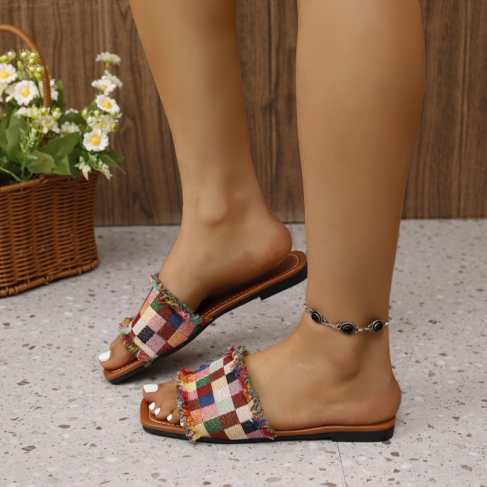 Women's Colorful Grids Flat Slides, Fashion Square Open Toe Summer Shoes, Casual Single Band Slide Sandals