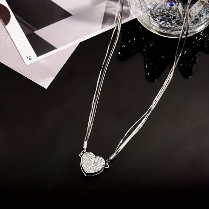 Luxury Heart-Shaped Zircon Multilayer Magnet Necklace - Japanese & Korean Style