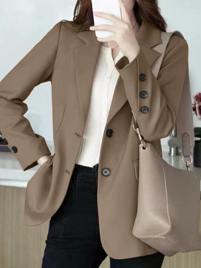 Solid Color Button Front Blazer, Elegant Lapel Neck Button Decor Long Sleeve Blazer For Spring & Fall, Women's Clothing