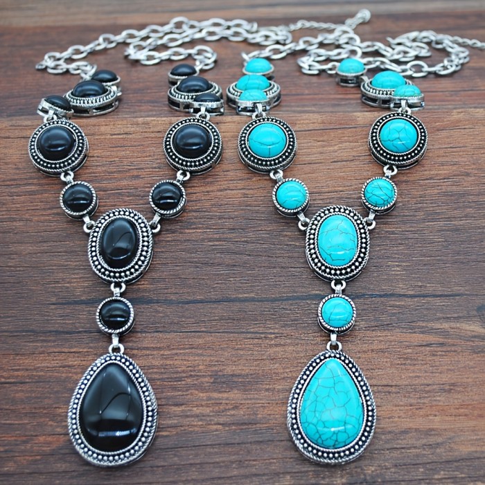 Vintage Long Necklace with Waterdrop Shaped Black Gemstone Turquoise Pendant for Women
