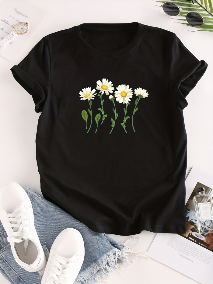 Flower Print Crew Neck T-Shirt, Casual Short Sleeve T-Shirt For Spring & Summer, Women's Clothing