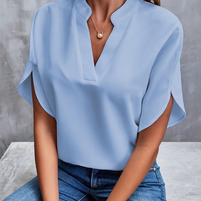 Solid Color Notch Neck Blouse, Casual Short Split Sleeve Blouse For Spring & Summer, Women's Clothing