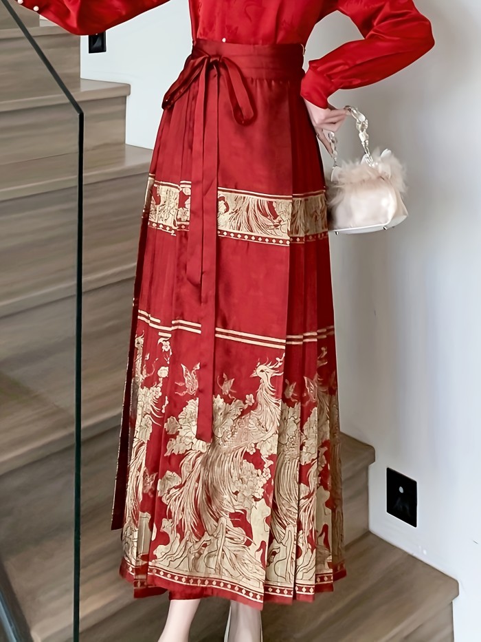 Phoenix Print Tie Waist Mamianqun Skirt, Elegant Pleated Maxi Skirt For Vacaion, Women's Clothing