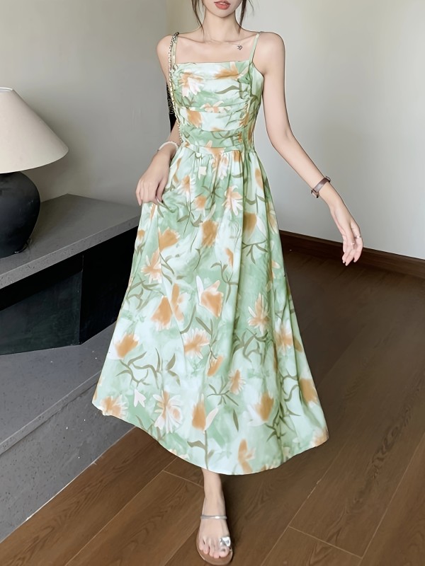 Floral Print Tucked Cami Dress, Elegant Sleeveless Slim Dress For Spring & Summer, Women's Clothing