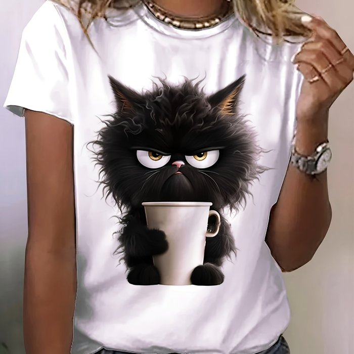 Women's Cat Print T-shirt - Casual Short Sleeve Crew Neck Top for Spring & Summer