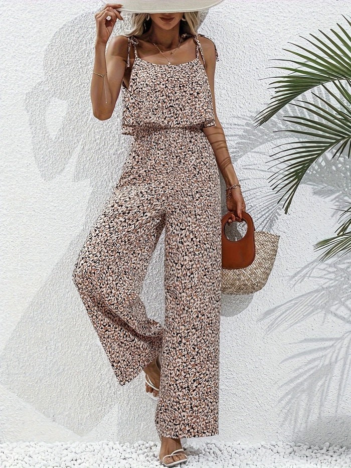 Allover Print Wide Leg Jumpsuit, Elegant Spaghetti Strap Sleeveless Lace Up Jumpsuit For Spring & Summer, Women's Clothing