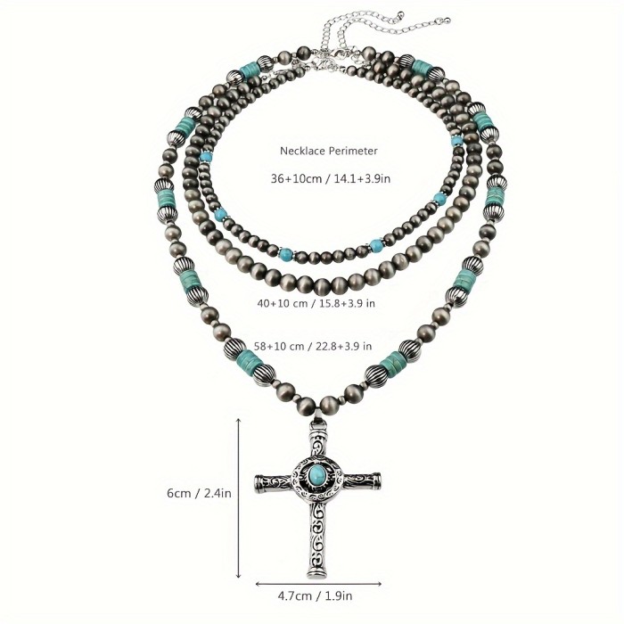 3pcs\u002FSet Western Style Navajo Pearl Necklace Vintage Turquoise Beaded Statement Cross Pendant Neck Jewelry