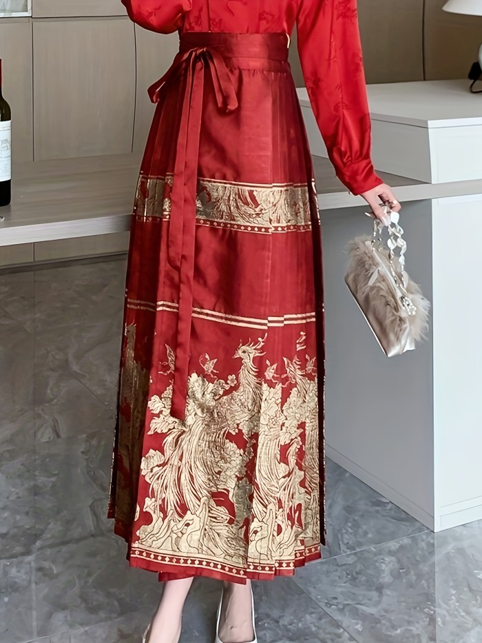 Phoenix Print Tie Waist Mamianqun Skirt, Elegant Pleated Maxi Skirt For Vacaion, Women's Clothing