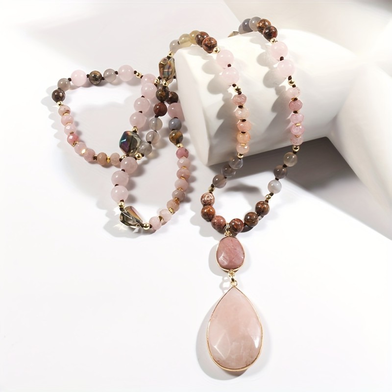 Natural Stone Glass Mixed Color Knot Pendant Necklace, Personality Elegant Fashion Sweater Chain Jewelry Decors Spring Summer New Bohemian Style Women's Accessories