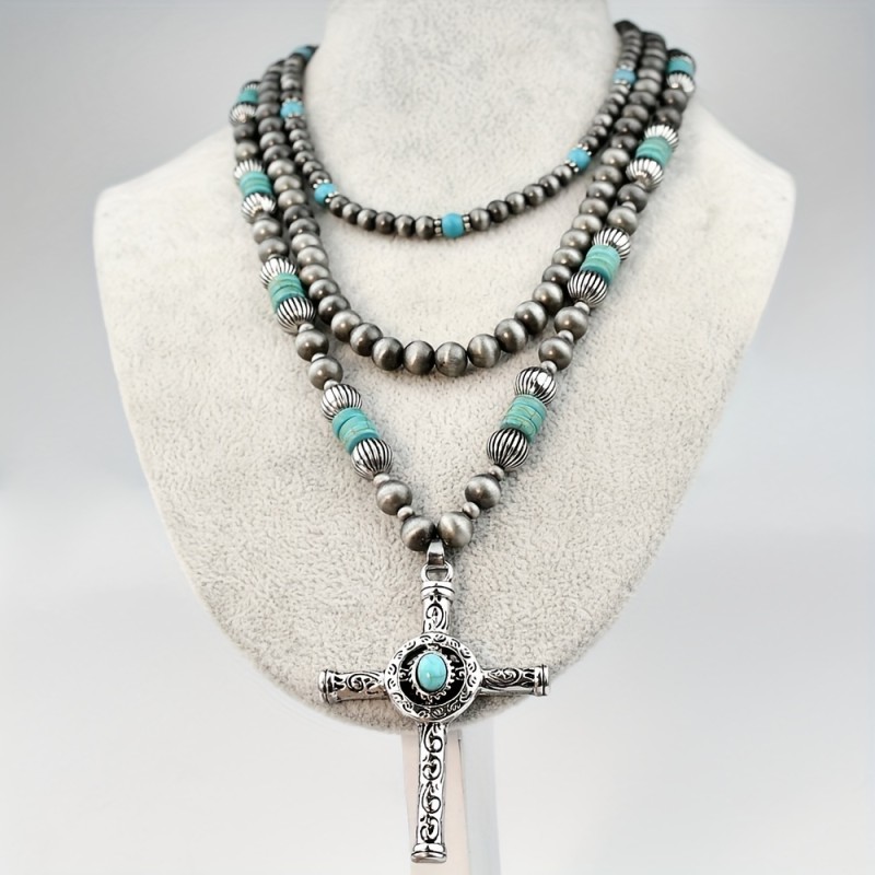 3pcs\u002FSet Western Style Navajo Pearl Necklace Vintage Turquoise Beaded Statement Cross Pendant Neck Jewelry