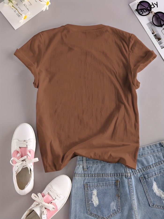 Flower Print Crew Neck T-Shirt, Casual Short Sleeve T-Shirt For Spring & Summer, Women's Clothing