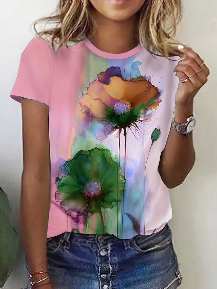 Women's Floral Print T-shirt - Casual Short Sleeve Crew Neck Top for Spring & Summer