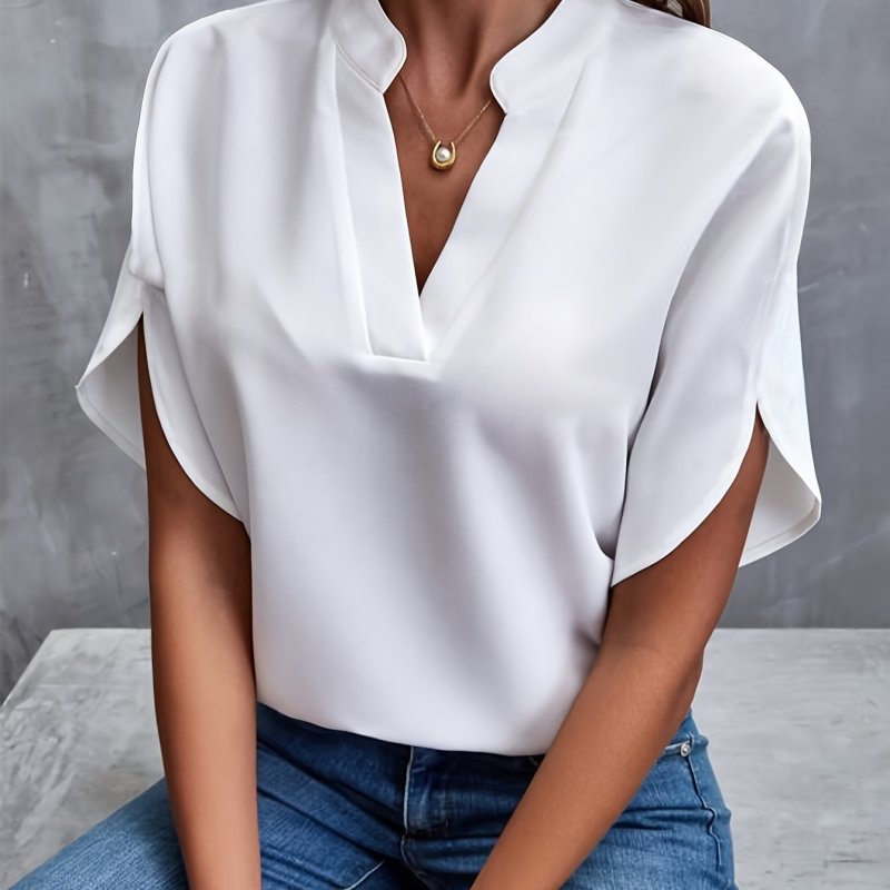 Solid Color Notch Neck Blouse, Casual Short Split Sleeve Blouse For Spring & Summer, Women's Clothing