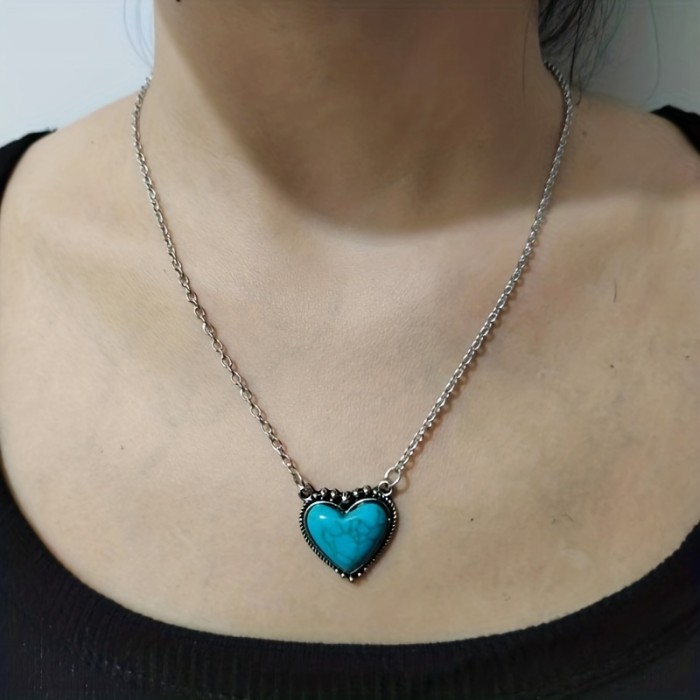 1pc Bohemian Retro Heart-shaped Turquoise Pendant Necklace - Personalized Women's Party Jewelry Gift