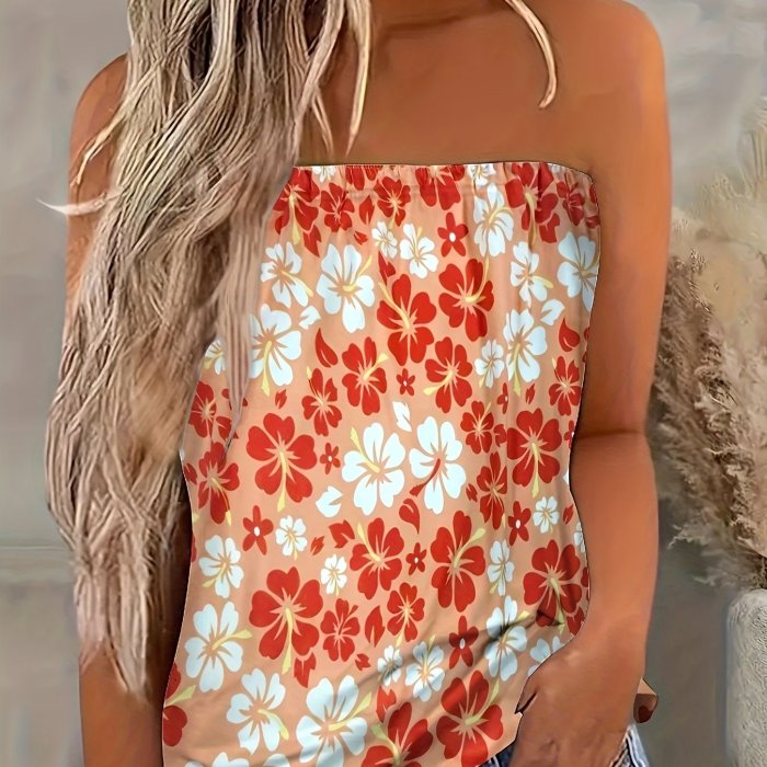 Floral Print Elastic Trim Tube Top, Casual Sleeveless Strapless Top For Summer & Spring, Women's Clothing