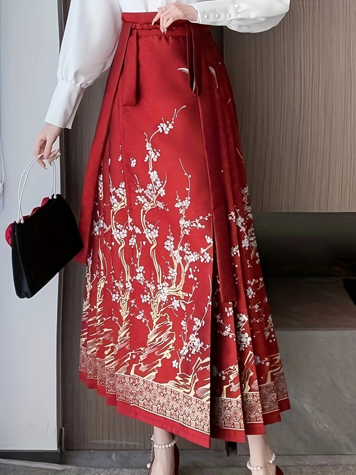Tree Print Tie Waist Mamianqun Skirt, Elegant Pleated Maxi Skirt For Vacation, Women's Clothing