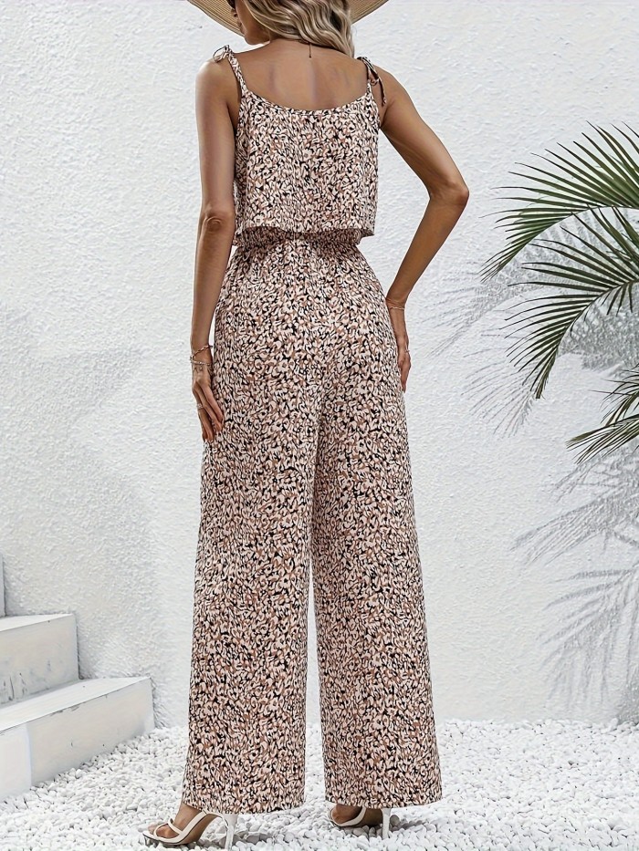 Allover Print Wide Leg Jumpsuit, Elegant Spaghetti Strap Sleeveless Lace Up Jumpsuit For Spring & Summer, Women's Clothing