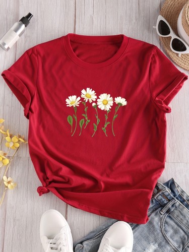 Flower Print Crew Neck T-Shirt, Casual Short Sleeve T-Shirt For Spring & Summer, Women's Clothing