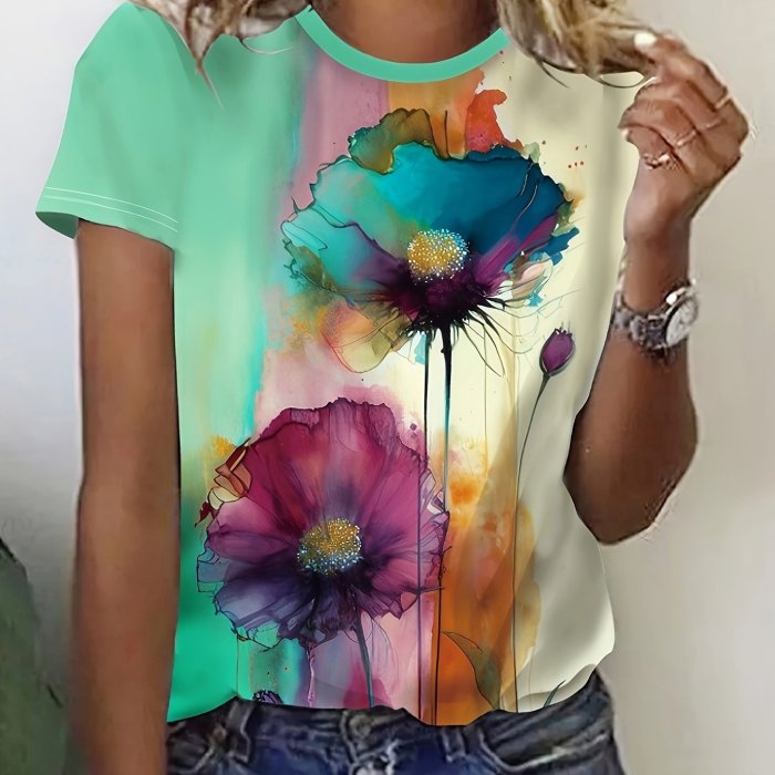 Women's Floral Print T-shirt - Casual Short Sleeve Crew Neck Top for Spring & Summer