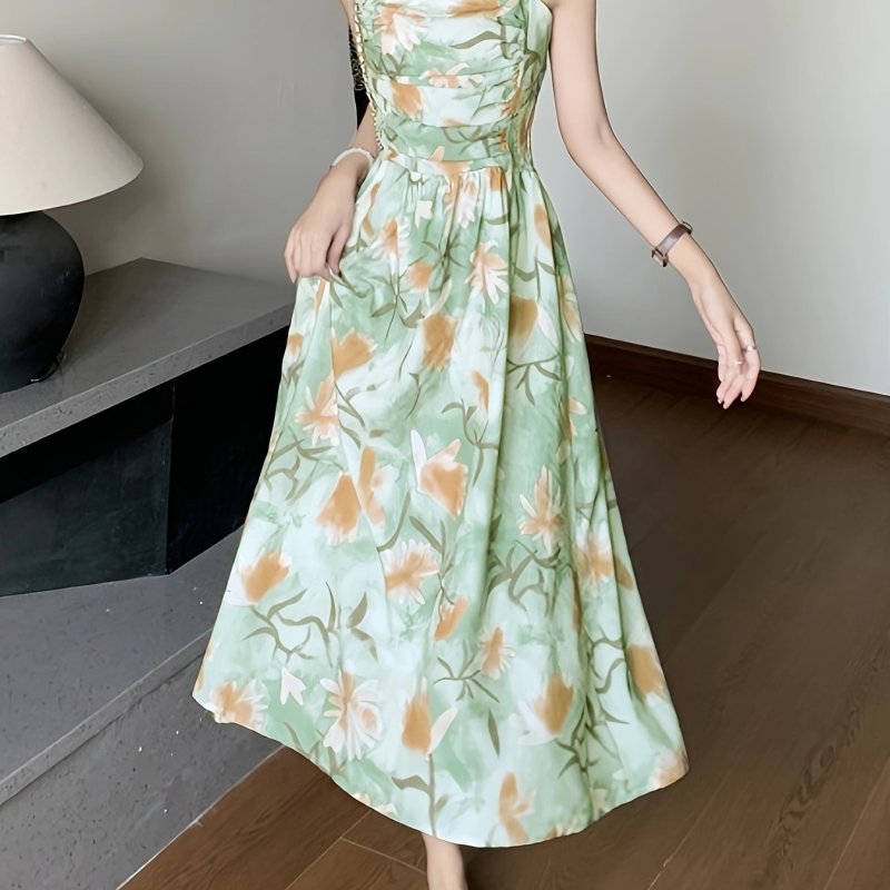 Floral Print Tucked Cami Dress, Elegant Sleeveless Slim Dress For Spring & Summer, Women's Clothing