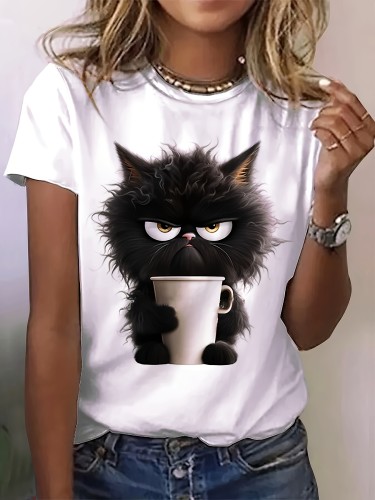 Women's Cat Print T-shirt - Casual Short Sleeve Crew Neck Top for Spring & Summer
