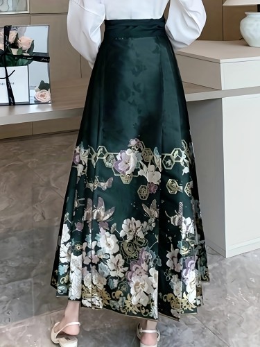 Floral Print Tie Waist Mamianqun Skirt, Elegant Pleated Maxi Skirt For Vacation, Women's Clothing