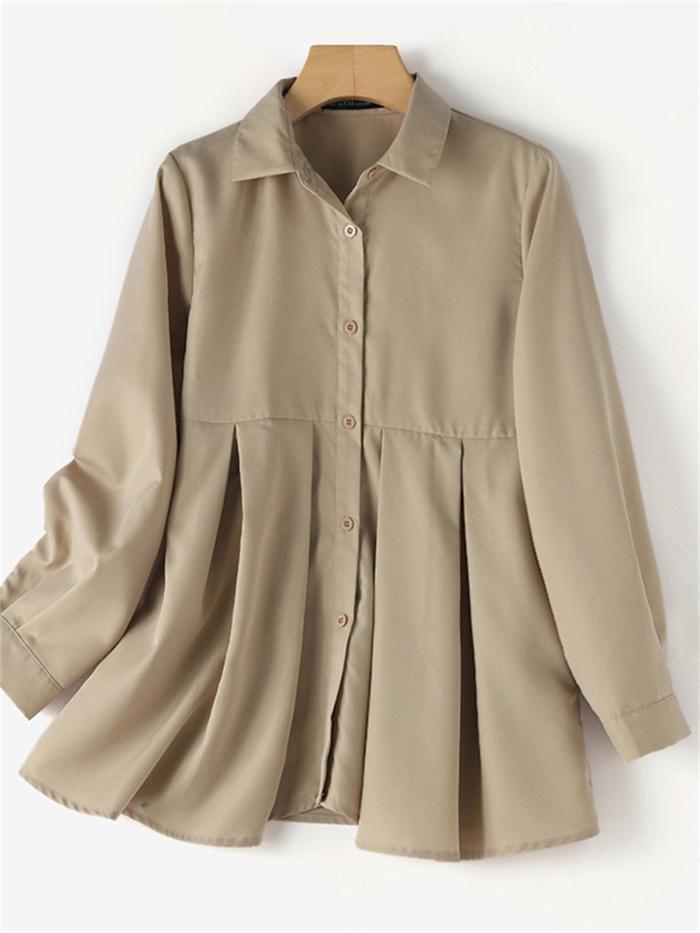 Solid Color Button Front Pleat Blouse, Casual Long Sleeve Blouse For Spring & Fall, Women's Clothing