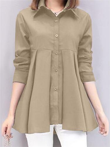 Solid Color Button Front Pleat Blouse, Casual Long Sleeve Blouse For Spring & Fall, Women's Clothing