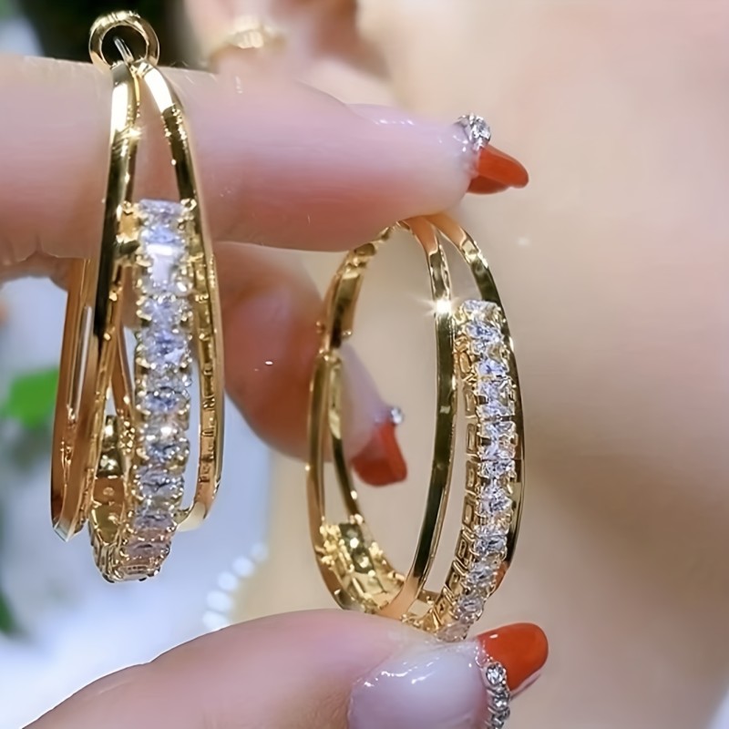 Shiny Rhinestone Decor Hoop Earrings - Retro Elegant Style Zinc Alloy Jewelry for Delicate Female Gift