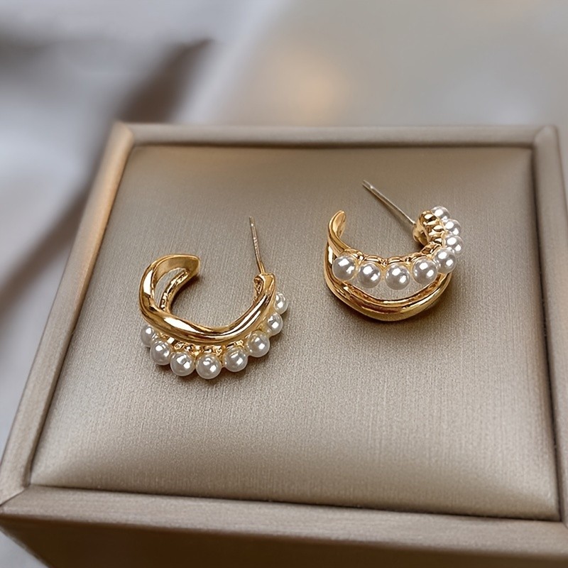 C Shape Faux Pearl Decor Stud Earrings Simple Elegant Style Ear Jewelry Trendy Female Gift