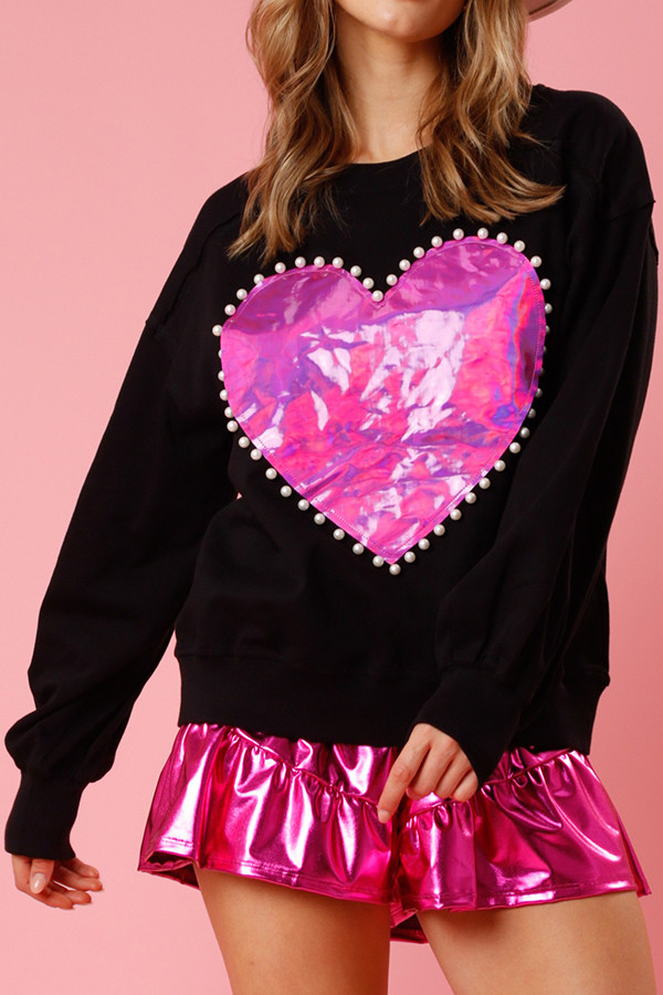 Fashionable Love Pattern Pearl Round Neck Pullover Sweatshirt